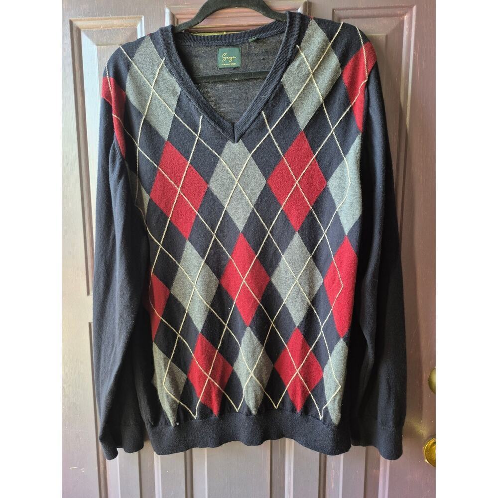 Sanzio Italian wool argyle sweater mens size 2XL navy blue grey‎ maroon